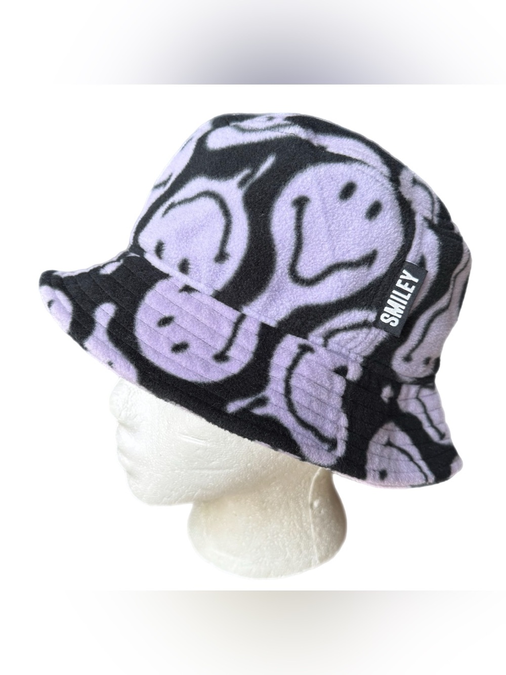 Smiley x H&M Purple Black Fleece Bucket Hat XS S Y2K Emo Pastel Goth